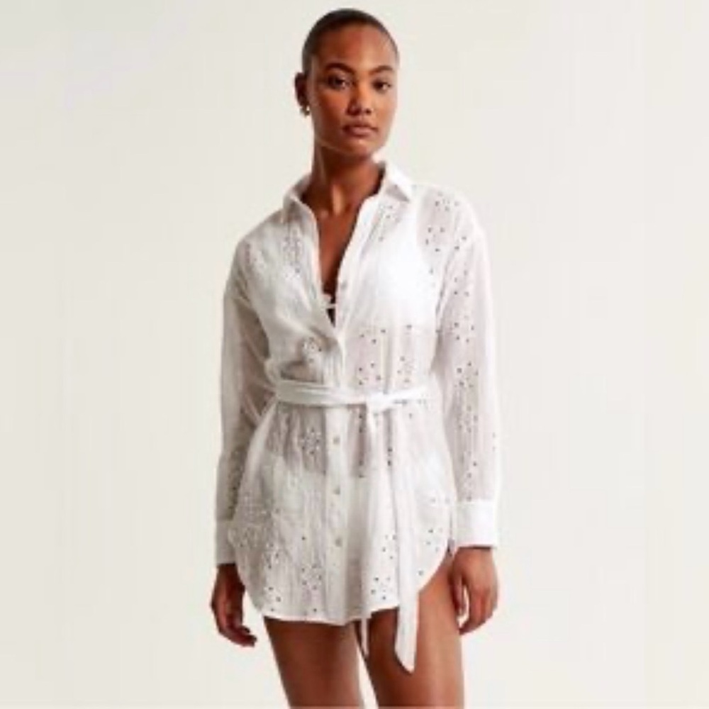 A&F White Eyelet Shirt Dress Top Coverup Sheer Women’s Size Large NEW